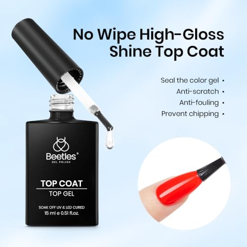 Image of Beetles Gel Top Coat, 2Pcs 15ml Top Coat Gel Nail Polish No Wipe Clear High Gloss Shiny Long-Lasting Soak Off Nail Lamp, Home DIY Manicure and Nail Salon Gifts for Women