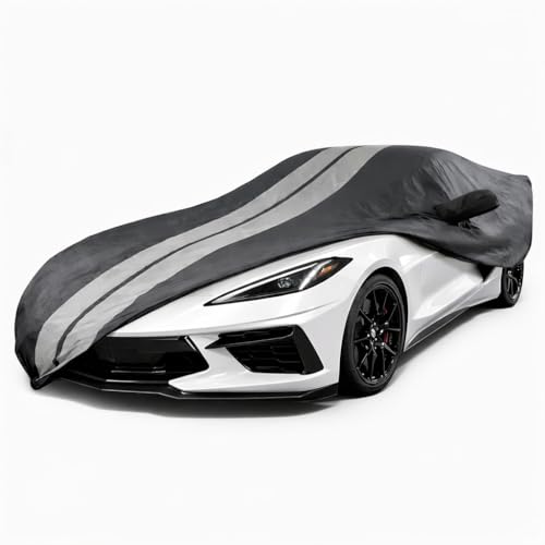 SR1 Performance USA C8 Corvette Car Cover - Ultraguard PEVA Indoor/Outdoor Waterproof All Season - Custom High End Fit for 2020-2026 Stingray Z51 Z06 E-Ray Corvettes (Black with Gray Stripes)