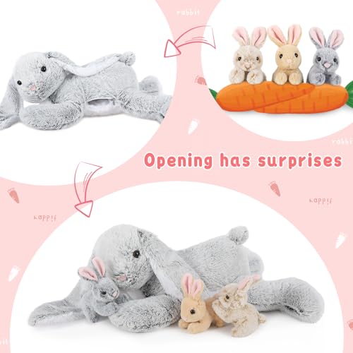 MorisMos Grau Kaninchen Hase Kuscheltier XXL, 60cm Riesen hase Plüschtier mit 3 Baby im Bauch, Groß Kaninchen XXL Stofftier Weich Spielzeug, Ostern Geburtstag Weihnachten Geschenk für Kinder