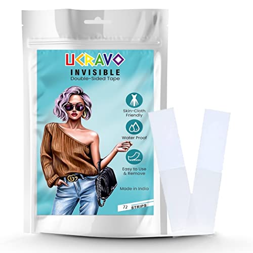 Image of UCRAVO Double Sided Tape for Fashion Clothes Skin | Fabric Tape & Body Tape | Strong Multi Use Transparent Clear Color | Fabric and Skin Friendly for All Skin Shades (72 Strips)