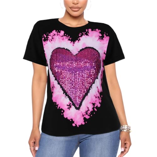PESION Womens Short Sleeve T-Shirt Sequined Tops O-Neck Funny Graphic Tees Blouse Small Black+ Pink Tie Dye
