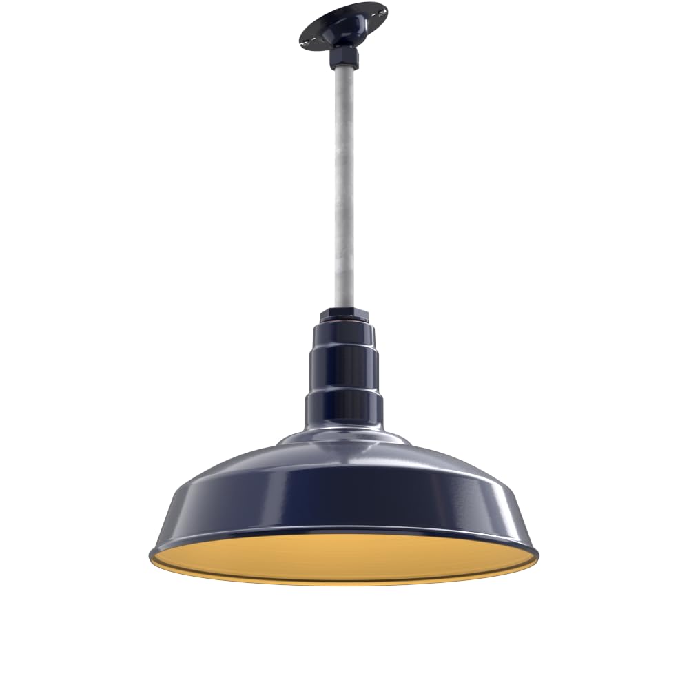 12" Sloped Stem Barn Light Pendant 16" Dome | Garage | Navy Blue/Brass