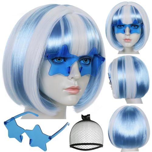 Image of ANOGOL Hair Cap + (Sunglasses) Blue White Bob Wig with Bangs Womens Blue White Party Wigs with Sunglasses Short Neon Wig Fun Wigs Halloween Costume Bachelorette Hair Sports Event St Patrick Day