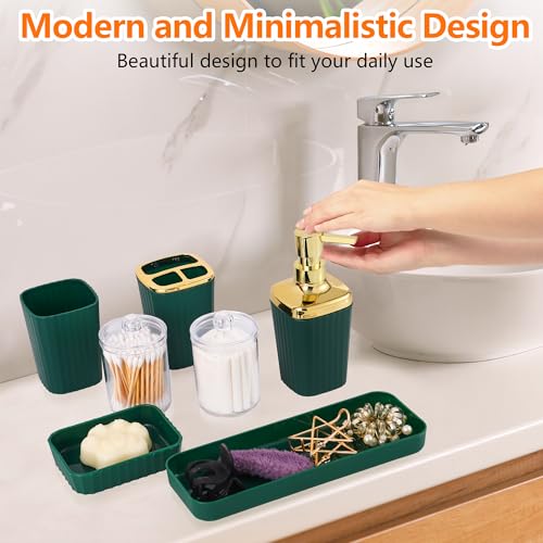 Bathroom Accessory Set,9 Pieces Dark Green Bathroom Accessories Set with Trash Can, Toothbrush Holder, Soap Dispenser, Toothbrush Cup, Vanity Tray, Soap Dish, Toilet Brush, Qtip Holder - Image 5
