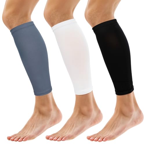 3 Pairs Compression Leg Sleeves for Men and Women, Lightweight Footless Socks, Calf Sleeves with Anti Slip Silicone Strips for Running, Football, Basketball, Cycling, UV Protection, Black White Gray