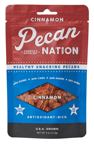 Pecan Nation Mitades de nueces tostadas con sabor a canela, 4 onzas, natural, sin conservantes, rico en antioxidantes, sin OMG, bocadillo saludable para adultos y niños