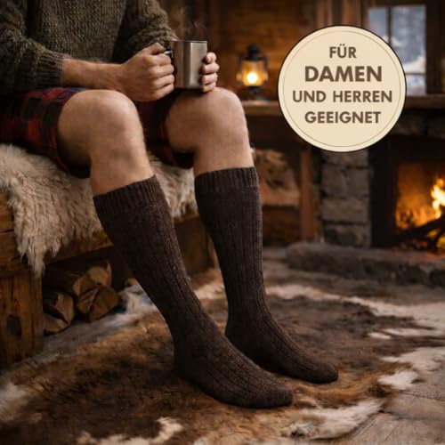 MOUNTREX Kniestrümpfe - Alpaka Socken, Wollsocken für Damen, Herren - Warme Kuschelsocken - 2 Paar, Beige/Braun (Kniestrümpfe), 39-42