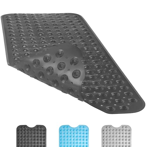 Bath Mat Non Slip, Anti Mould Shower Mat 100x40 cm, Anti-Slip Shower Mat, Machine Washable Rubber Bathroom Mats with 200 Strong Suction Cup, Drain Hole, Ideal for the Elderly and Children (Black)
