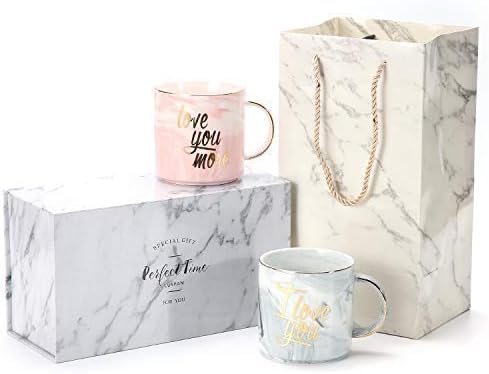 WABRINY Luspan Funny Valentine's Day Gifts - I Love You Love You More Couples Coffee Mugs - Ceramic Marble Cups 13 oz - Packaged with Marble Gift Box and Marble Gift Bag