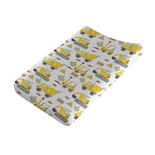 Image of Construction Truck Excavator Tractor Trees Changing Pad Cover Cute Construction Trucks Plants Fitted Baby Change Table Sheets for Boys Girls Soft Stretch Fitted Changing Table Mats Cover 32''x16''