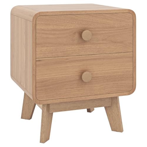 Giantex Night Stand with 2 Drawers, Mid Century Modern Bedside Table with Cute Round Knobs, Wooden Side End Table with Solid Rubber Wood Legs, Small Nightstand for Kids Bedroom Dorms, Natural
