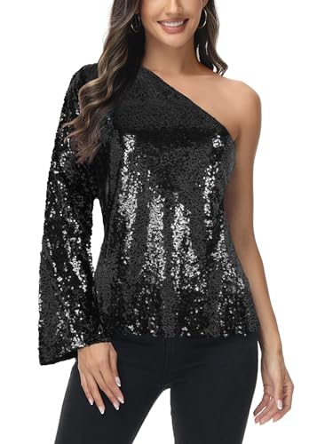 Anna-Kaci Women's Sparkly Sequin Party Tops Long Sleeve One Shoulder Top Blouse Shirts