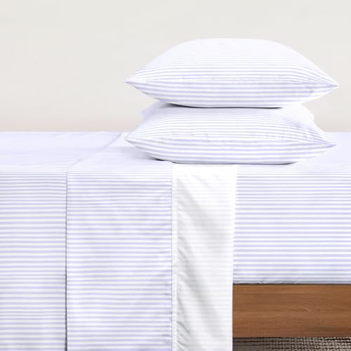 Image of Wake In Cloud - Striped Bed Sheets, 4-Piece Sheet Set, Ticking Vertical Pin Stripe Modern Farmhouse Pattern Printed Bedding, Deep Pocket, Light Purple, Full Size