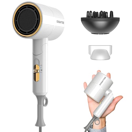 Oxsaytee Ionic Hair Dryer with Diffuser 250g Lightweight Professional Salon Hair Blow Dryer Foldable Design Negative Ion Professional Travel Hair Dryer with 1 Pouch Low Noise Hairdryer (White)