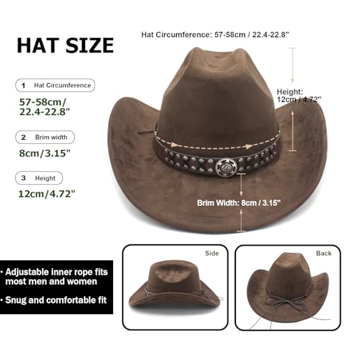 Image of Cowboy Hat for Women Men Wide Brim Western Cowgirl Hat Roll up Brim with Belt Buckle Classic Suede Country Cowboy Hat