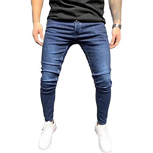 Men's Slim Fit Skinny Stretch Jeans Vintage Washed Straight Leg Denim Pants Classic Retro Pencil Jean Trousers (Dark Blue,Large)