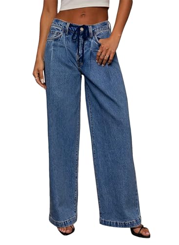 Sidefeel Women's Drawstring Jeans Wide Leg High Waisted Baggy Stretchy Elastic Waist Sweatpant Jeans