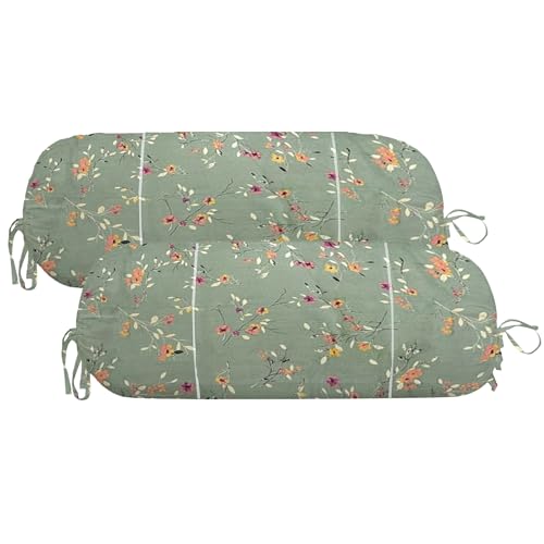 Image of Trance Home Linen 100% Cotton 16x32 inch 200TC Printed Pipe-in Bolster Cover | Bolster Pillow Cover to fit 24 inch Length 9 inch Dia | Pack of 2 Bolster Cover only (16x32 inch, Lilly Green)