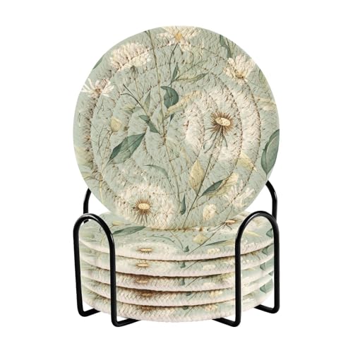 QwThum Sage Green Dandelion Flowers Coasters Set of 6 for Drinks Cup Holder Woven Cotton Absorbent Drink Coaster Mats for Table Protection Housewarming Gifts for Home Room Decor 3.9Inch D by QwThum - Used condition - US$10.59