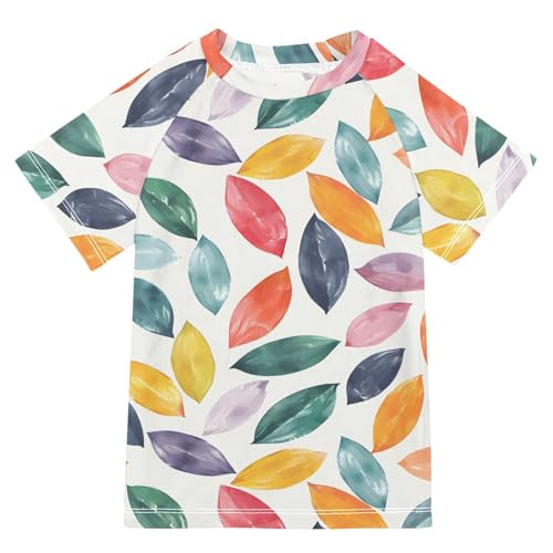 Boys Rash Guard Short Sleeve Swim Shirts for Boys Coloured Leaf Sun Protection 7-8T