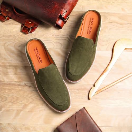 Image of HAYES LONDON Riviera Italian Suede Leather Backless Slip-On Mule Loafers for Men | Casual Summer Walk Half Shoes | Comfortable Open-Back Driving Loafers