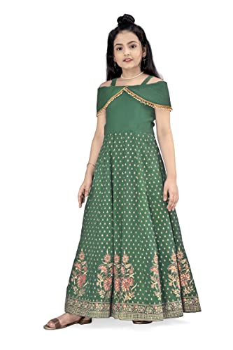 Image of Fashion Dream Girls Crepe Silk Maxi Length Cold Shoulder Dress|Maxi Dress|Long Dress|Girls Dress Maxi Dress(Green 11-12 Year)