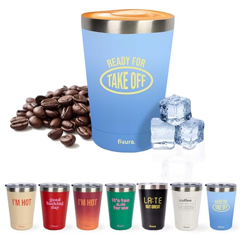 Fisura – Gobelet isotherme original Ready. Gobelet isotherme bleu pour café à emporter. Tasse à café 310 ml. Tasse thermique en acier inoxydable. Sans BPA. Tasse pour voiture.