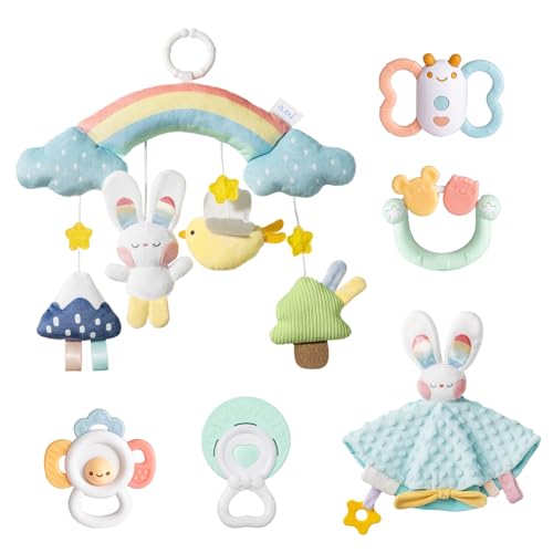 auby Kuschelhase Neugeborenen Geschenkset - 6-teiliges Baby Beruhigungsset mit Beißringen, Plüschdecke & Hängespielzeug für Bett/Kinderwagen (Sensorische Entwicklung, maschinenwaschbar)