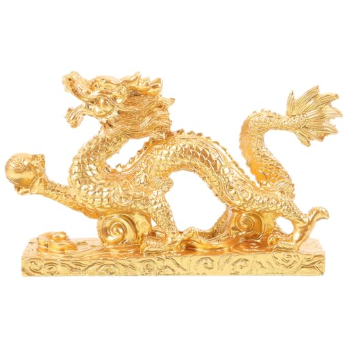 Uonlytech Figura de dragón dorado, signo del zodiaco, estatua de dragón chino, escultura, signo del zodiaco, figura decorativa, figura de animal, Feng Shui, fortuna, amuleto de la suerte, adorno de