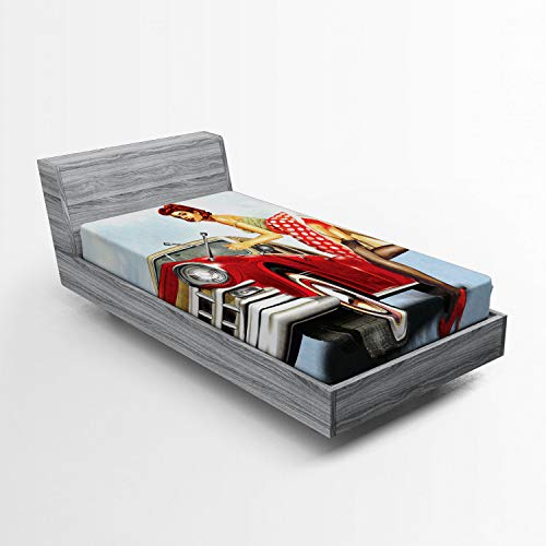 Ambesonne Pin up Girl Fitted Sheet, Retro Girl with Polka Dot Patterned Midi Skirt Fixing Classic Red American Car, Bed Cover with All-Round Elastic Deep Pocket for Comfort, Twin XL Size, Red Blue