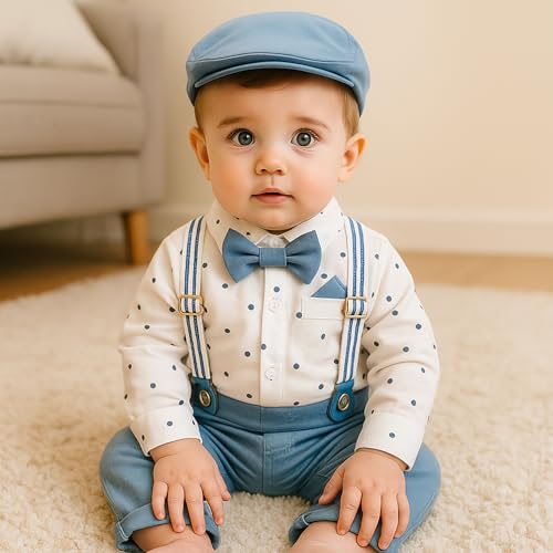 Fohuanky Baby Boy Formales Outfit Gentlemen Kleidung Set Strampler Hemd mit Fliege Hosenträger Hose & Hut für Hochzeit Geburtstag Party