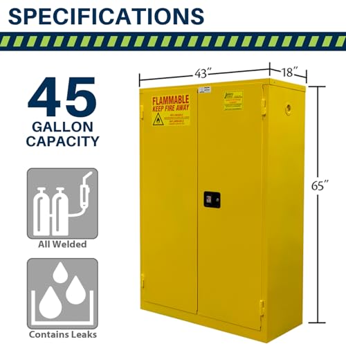 Image of Jamco 45 Gallon Flammable Safety Cabinet, Steel Flammable Storage Cabinet with Lockable Manual Closing Doors, Non Forkliftable, 43 inch x 18 inch x 65 inch, Yellow