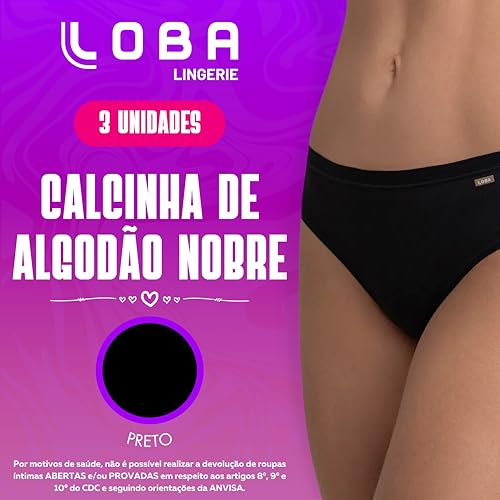 LOBA BY LUPO Kit 3 Calcinha Clássica Biquini Cotton Algodão Nobre Feminina Adulto, 3 - Preto, M