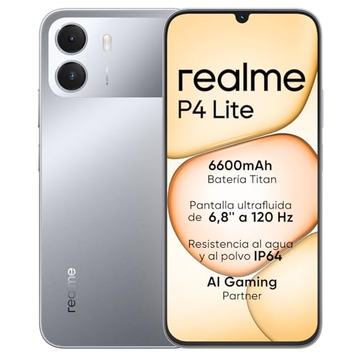 Smartphone realme P4 Lite 4G, 4GB+256GB, Pantalla LCD HD 120Hz 6,8', Batería Titan 6600mAh, Carga 15W, Carga inversa 6W, IP64 Antipolvo e Impermeable, Sistema Next IA, Gris Titan (Sin Cargador)