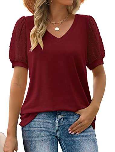 Image of Aokosor Womens Summer Tops V Neck T Shirts Swiss Dot Puff Sleeve Tops Loose Casual Tshirts