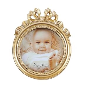 Vintage Picture Frames 3.5×3.5 Ornate Wallet Size Round Small Gold Picture Frames for Tabletop and Wall Mount Retro Home Decor Antique Wall Decor with Embossed Bead and Bow