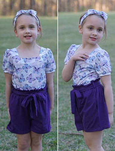 Image of Arshiner Toddler Girls 3 Piece Outfit Set Puff Sleeve Square Neck Top with Shorts and Matching Headband Summer Clothes 2T-8Y