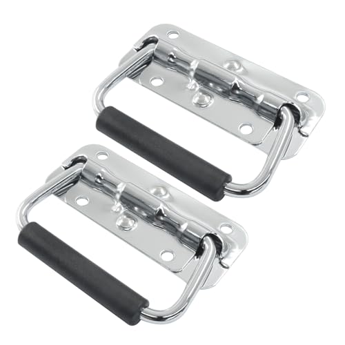 Image of Spring Loaded Handle, 100mm / 4 Inch Heavy Duty Folding Handle with Durable Rubber Grip for Toolboxes, Cabinets, Easy to Install, 2Pcs