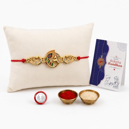 Image of Oblivion Rakhi for Brother - Peacock Design Stylish Rakhi for Bro with Silver Colour Pooja Coin, Greeting Card & Tilak Set - Traditional Raksha Bandhan Festive Gift Combo Pack for Bhai (K1 117)
