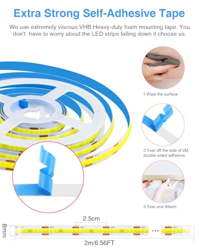 Image of Aclorol 5V COB LED Strip Lights 6000K Cold White USB LED Strip Lights for Bedroom 8mm Width High Density 320LEDs /M Bright for TV Monitor Backlights Under Cabinet Counter Display Case CRI90+ (2 Pack)