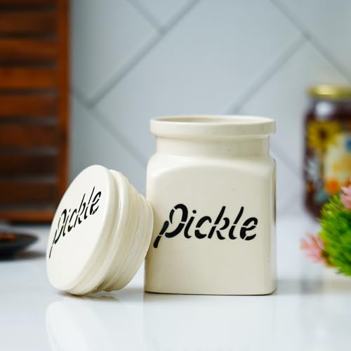 Image of Ceramic Pickle Jar with Lid for Kitchen Storage 750 ml | Ceramic Pickle Container for Achaar, Masala & Spices | Multipurpose Storage Barni Jar | Countertop Food Storage Jar for Kitchen |White