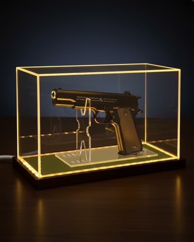 Image of Premium Acrylic Pistol Display Case with Amber Yellow LED Light, Solid Wood Base & Built-in Stand | UV Resistant Pistol Display Box for Gun Collector, Fits Most Pistols - 12 inch x 5.3 inch x 7.5 inch