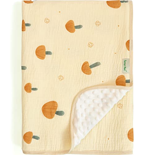 Image of Baby Blanket for Unisex Boys Girls Toddler, Soft Minky with Double Layer Dotted Backing and Muslin Cotton Front, 39 X 43 in (Mushroom) Nursery Bed Throw Quilt