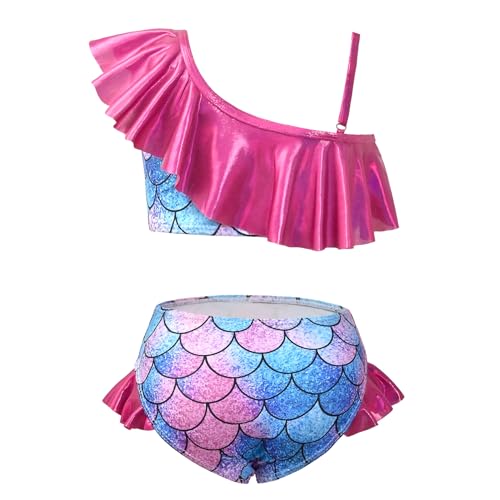 Image of CHILDRENSTAR Girls Metallic Bathing Suits Shiny Ruffles One Shoulder 2 Pieces Swimsuits Cute Bikini Set