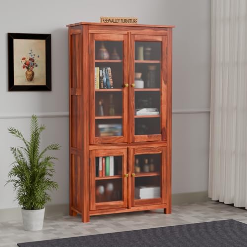 Image of Solid Sheesham Wood Crockery Cabinet with 4 Acrylic Glass Doors | Wooden Wardrobe Kitchen Cabinet with 6 Shelves Storage | Bookcase for Living Room, Bedroom & Office | Honey Finish