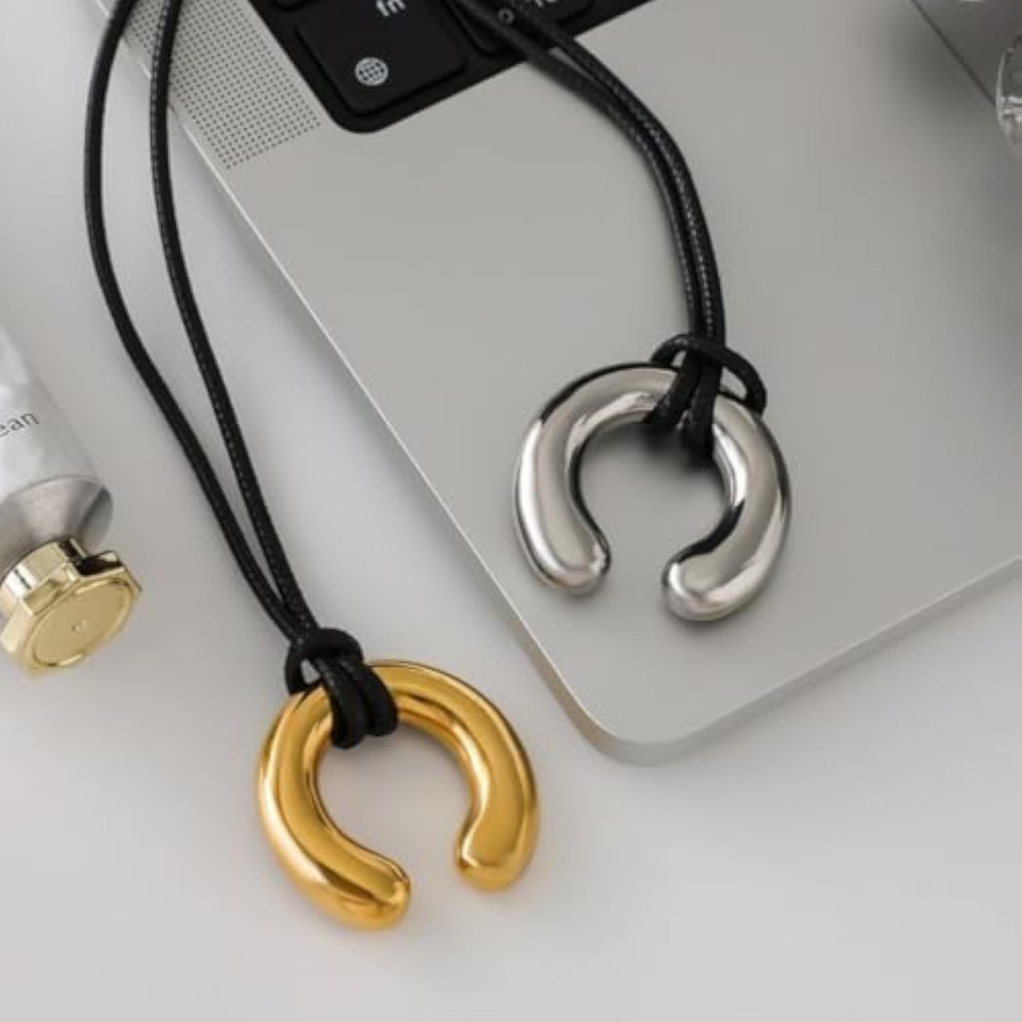 Men's 18K Gold Plated U-Shaped Pendant with Adjustable Black Cord