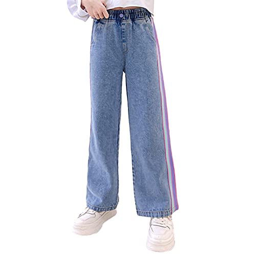 JanJean Kids Girls High Waisted Straight Leg Stretch Patchwork Denim Pants Casual Loose Wide Leg Patch Pencil Jeans