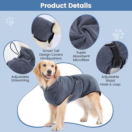 PETTOM Hunde-Bademantel Mikrofaser Hundehandtuch Schnell Trocknend mikrofaser Handtuch Super Saugfähig Komfortabel und mit Verstellbaren Trägern für Große Mittelgroße und Kleine Hunde, Grau (XL)