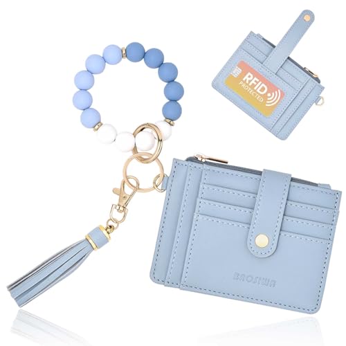 BAOSIWA Wristlet Wallets for Women, Small Keychain Wallets Woman Blue RFID Blocking Credit Card Holder with Zipper Coin Pocket,ID Window