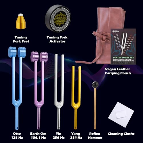 Image of Tuning Forks for Healing, 4 PCS Aluminum Alloy Tuning Fork 128Hz, 136.1Hz, 256Hz, 384Hz, Hockey Puck Activator & Feet, Chain, Weighted & Unweighted Tuning Fork Set with Vegan Leather Pouch